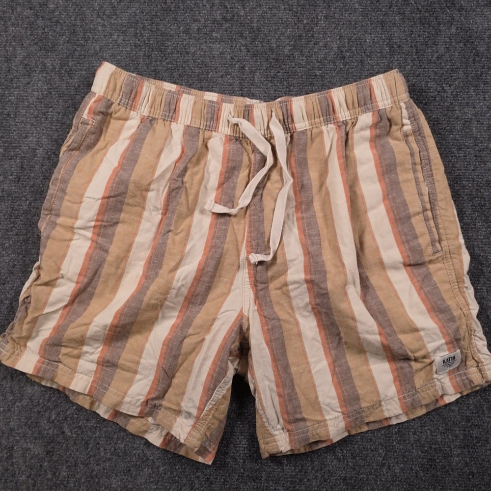 Katin Kenwood Shorts Mens M Tan Striped Drawstring Linen Blend Surf Beach